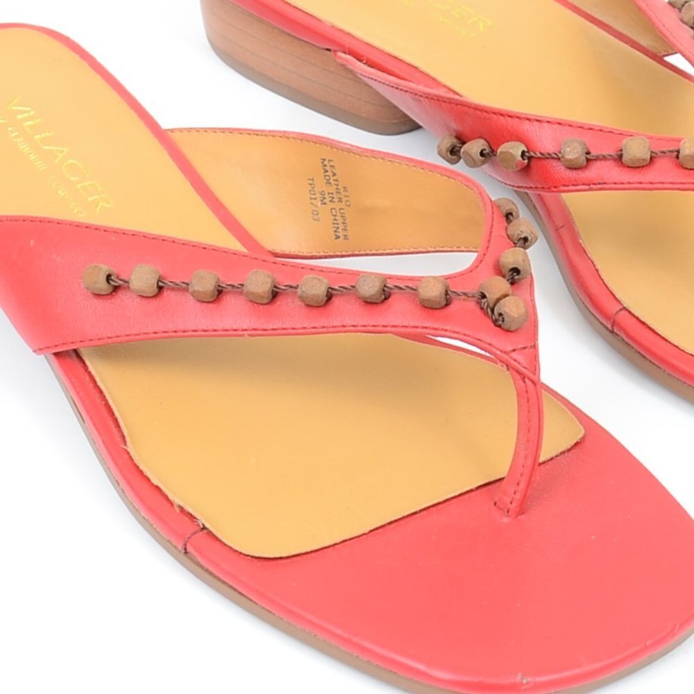 Villager Liz Claiborne Size 9 Red Leather Wood Beads Thong Flat Vacation Sandals